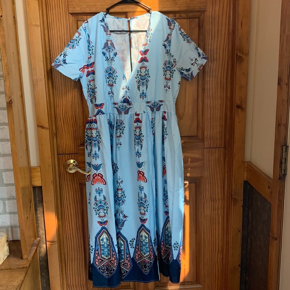 V-neck Faux Wrap Paisley Floral Butterfly Keyhole Mini Knee Boho Pleated Dress